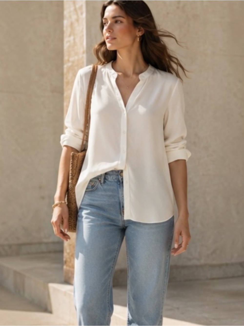Eileen Fisher Ivory 100% Silk Button Front Longline Band Collar Blouse PL